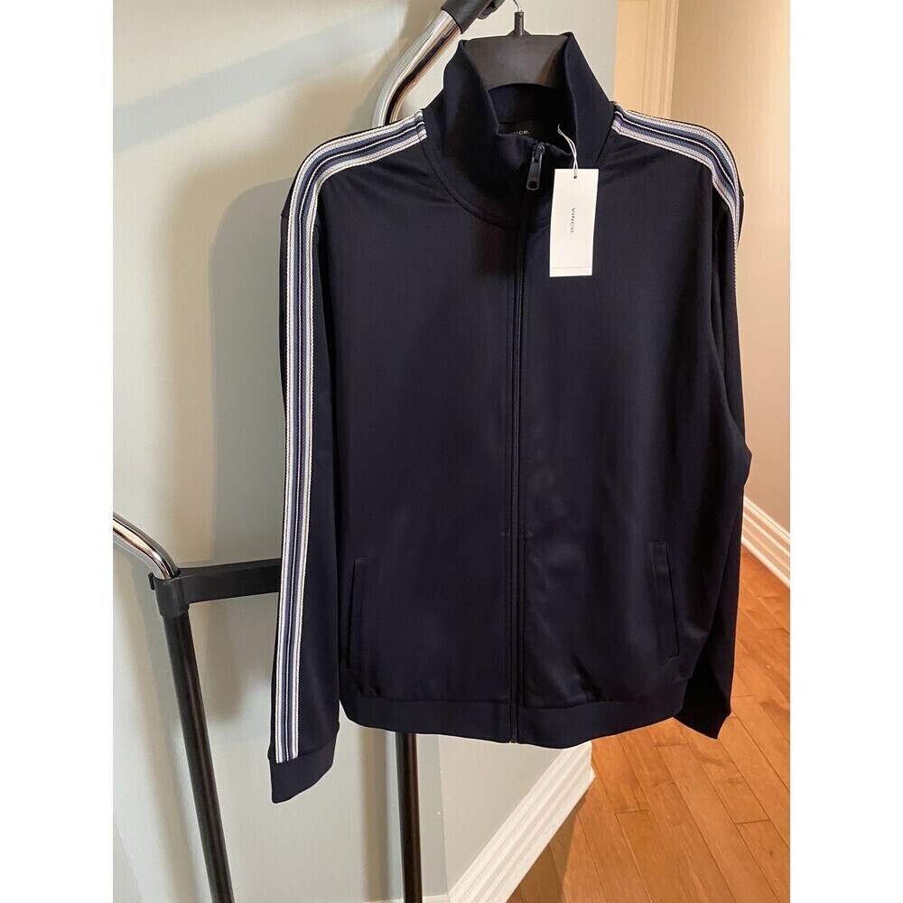 Vince Men's Slim Fit Track Zip Jacket Shoulder Stripe Navy Size L $345